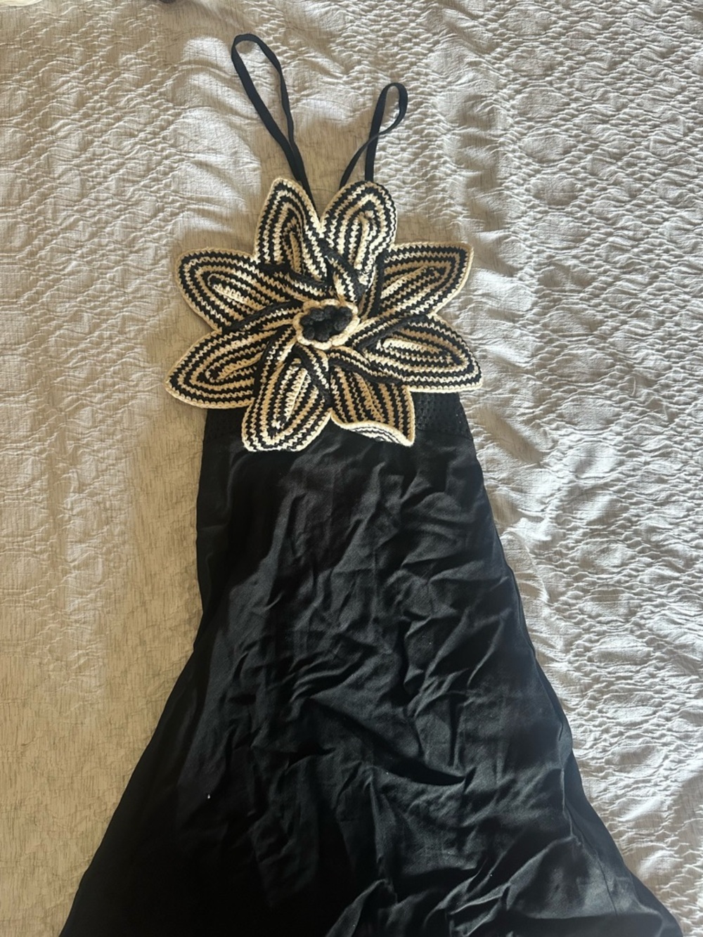 Zara Black Slip Dress with Cream Crochet Accents